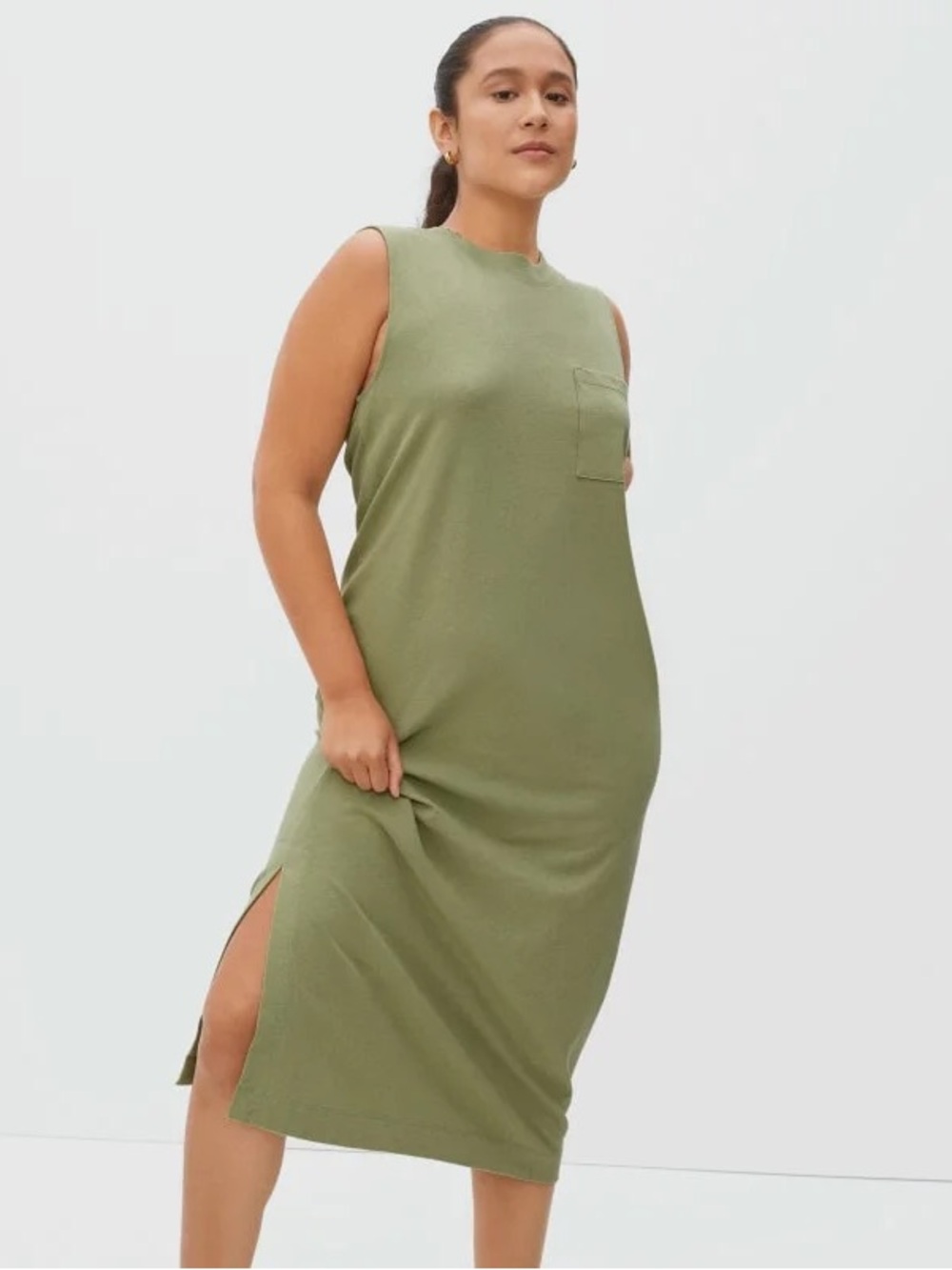Everlane Sleeveless Tank Dress Midi Column Green Size Medium Minimalist Cotton